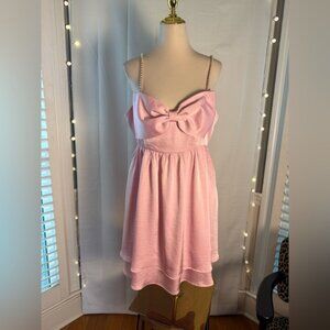 Altar’d State Pink Bow Front Mini Dress Size XXL – Pearl Straps, Fit & Flare